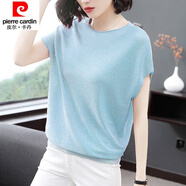 皮爾卡丹（pierre cardin）23年新款2020夏季新款冰絲針織衫寬松蝙蝠衫短袖女裝套頭薄款亮絲 天藍(lán)色 2XL