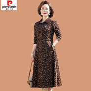 皮爾卡丹（pierre cardin）媽媽春裝連衣裙長袖闊太太中長款打底裙中老年女裝春秋襯衫領(lǐng)裙子 咖啡碎花 3XL 參考120-135斤