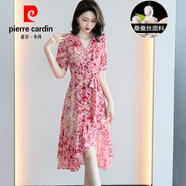 皮爾卡丹碎花真絲連衣裙女2025年新款品牌不規(guī)則夏季氣質(zhì)含桑蠶絲裙子針織 紅色 L