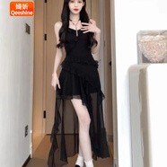婍妡（Qeeshine）2025新款開衫不規(guī)則水墨蝴蝶吊帶裙設(shè)計(jì)碎花吊帶裙連衣裙套裝 黑開衫+黑裙(優(yōu)質(zhì)版) M