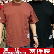 地潮男短袖帶兜T恤衫男有口袋胸前口袋夏季新款多口袋短袖t恤男士寬松 棕紅+黑色 兩件 2XL 建議130-145斤