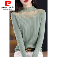 皮爾卡丹（pierre cardin）春秋新款蕾絲花邊長袖毛衣女半高領(lǐng)鏤空上衣精紡2024針織打底衫 松石綠 M 【有禮】