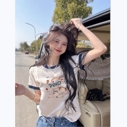 妃麗慕尚撞色正肩短袖t恤女夏季2025新款韓版洋氣印花寬松百搭上衣女裝潮 616-162白色 M