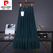 皮爾卡丹品牌高檔女裝春秋新款純色雪紡中長(cháng)款百褶大擺飄逸垂感半身裙長(cháng)裙 墨綠色 M 裙長(cháng)80C