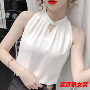 沐悠羽無袖雪紡襯衫女掛脖吊帶背心女夏新款內(nèi)搭外穿鏤空打底上衣女 白色 M