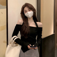 妙奕嘉t恤女春秋衣服2025新款長袖打底衫緊身高腰上衣小個子一字肩辣妹 一字肩掛脖上衣【黑色】 L 【建議100-110斤】