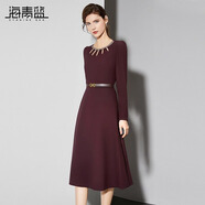 海青藍(lán)（CYANINE SEA）簡(jiǎn)約氣質(zhì)通勤長(zhǎng)袖連衣裙2024秋季新款釘珠鏤空領(lǐng)口設(shè)計(jì)顯瘦裙子 酒紅色 2XL