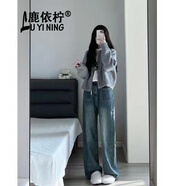 鹿依檸休閑褲女裝套裝2024秋冬新款韓版時(shí)尚百搭氣質(zhì)慵懶風(fēng)顯瘦闊腿褲子 牛仔褲子 M