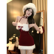 萱慕琳甜辣妹掛脖蝴蝶結(jié)連衣裙女冬季圣誕內(nèi)搭收腰顯瘦紅色毛毛包臀短裙 紅色裙 S   建議80-100斤