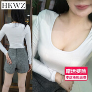 性感打底衫低胸秋季裝緊身顯胸衫u領(lǐng)長袖T恤女修身上衣顯瘦大領(lǐng)口露背網(wǎng)紅大學(xué)女生秋季新款 白色不露背版 XL（建議130斤以下）
