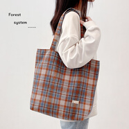 雨凡毛呢格子單肩包包女帆布包新款大容量手提布袋子上班通勤學(xué)生拎書(shū) 橙綠格子