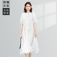 炳瀚衣舍歐美大碼女裝微胖mm顯瘦襯衫連衣裙夏季2024年新款胖妹妹仙氣裙子 月牙白 L