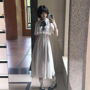 蕭箏休閑連衣裙女2024新款品牌高端減齡日系蕾絲連衣裙蝴蝶結(jié)設(shè)計感罩 蕾絲連衣裙+送領(lǐng)結(jié) M 【建議90-105斤】