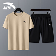 安踏（ANTA）【兩件套】運動(dòng)套裝男夏季新款短袖冰絲t桖吸濕排汗輕薄透氣 -10淡棕色 L/175