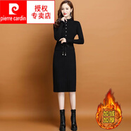 皮爾卡丹（pierre cardin）加絨加厚假兩件針織連衣女秋冬中長(zhǎng)款系帶新款修身打底內(nèi)搭毛衣 黑色加絨加 厚 M 推薦85-100斤