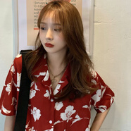 賢語夏季港味復(fù)古原宿風(fēng)印花襯衫女2024新款西裝領(lǐng)寬松短袖雪紡衫上衣 花色 S