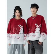 紫昕月2023兔年秋冬紅色雪花小兔子毛衣圣誕針織衫套頭過新年本命年衣服 酒紅色 S 【建議80-90斤】