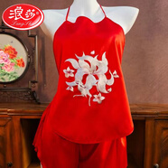 浪莎（LangSha）國風(fēng)刺繡成人肚兜女雙層冰絲吊帶復(fù)古風(fēng)繡花露背式內(nèi)衣睡衣兩件套 狐貍-紅色【套裝】 小碼(建議80-140斤)
