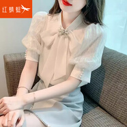 紅蜻蜓雪紡短袖襯衫女士夏季減齡洋氣小衫新款T恤衫半袖泡泡袖上衣 杏色短袖 M 【90-105斤】