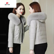 皮爾卡丹（pierre cardin）女士羽絨服品牌鵝絨女2023新款冬裝真皮皮衣小個(gè)子短款狐貍毛 灰色【時(shí)尚百搭】 M [建議90-105斤]