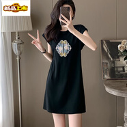 初徑中長(cháng)款純棉短袖t恤裙女新中式國風(fēng)連衣裙夏季休閑顯瘦小個(gè)子裙子 黑色 S 80-90斤左右