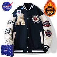 NASA BASE官方男裝潮牌聯(lián)名夾克男女款寬松學(xué)生外套情侶衫字母飛行員棒球服 MD-22129-深藍色（加絨款） M （建議90-125斤）