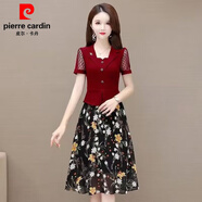 皮爾卡丹雪紡印花拼接假兩件連衣裙女2025夏季新款中年媽i媽裝顯瘦短袖裙 酒紅色假兩件連衣裙 M 80斤-95斤