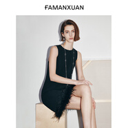 法曼萱（FAMANXUAN）黑色無(wú)袖連衣裙女鴕鳥(niǎo)毛秋季新款氣質(zhì)輕奢直筒中長(cháng)裙子 雁羽黑 155/80A/XS