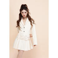 實(shí)拍現貨毛呢連衣裙女秋冬新款百褶裙溫柔裙子 細閃奶白 S