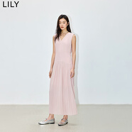 LILY夏新款女裝設(shè)計(jì)感學(xué)院風(fēng)百褶氣質(zhì)V領(lǐng)通勤長(zhǎng)款高腰連衣裙 128水粉色 M