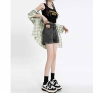 巧丂高腰卷邊牛仔短褲女夏季2025新款寬松顯瘦小個(gè)子闊腿熱褲 黑灰色 M