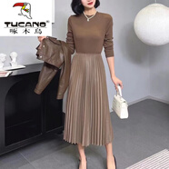 啄木鳥(niǎo)（TUCANO）打底連衣裙兩件裝女秋冬新款港風(fēng)pu皮衣百褶裙套裝輕奢感時(shí)尚裙子 咖色【百褶連衣裙】 M