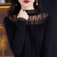 香影芬針織衫女秋冬新款蕾絲花邊長(cháng)袖毛衣女士半高領(lǐng)鏤空透肉針織打底衫 黑色 S (建議95斤以?xún)?