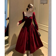 甜承智高級感在逃公主絲絨連衣裙女秋冬新款顯瘦宴會晚禮服中長裙 紅色長款 【搭配半身裙子/搭配闊 L 【100-120斤】【搭配闊腿褲子