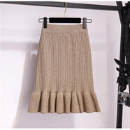 蒂洛緹娜針織半身裙女中長(cháng)款秋冬新款荷葉邊裹裙毛線(xiàn)一步裙包臀魚(yú)尾裙 卡其色長(cháng)度60CM L 建議105-115