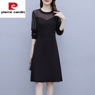 皮爾卡丹（pierre cardin）感長(cháng)袖連衣裙雪紡碎花假兩件洋氣收腰顯瘦中長(cháng)款裙子女春秋裝2025 黑色圓領(lǐng)純色 2XL 建議125-135斤