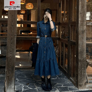 皮爾卡丹（pierre cardin）復古氣質(zhì)襯衫連衣裙女收腰顯瘦大擺長(cháng)裙早秋新款輕奢女裝 深藍色 XL 【建議125-140斤】