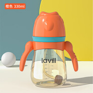 LAVILL寬口徑嬰幼兒斷奶奶瓶帶手柄耐摔寶寶學飲杯防脹氣吸管杯喝水奶瓶 橙色 300ml