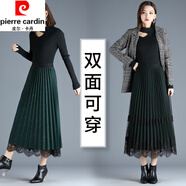 皮爾卡丹（pierre cardin）桑蠶絲半身裙女夏季新款星空亮絲紗裙A型蕾絲長裙兩面穿百褶裙 墨綠色-裙長82厘米 均碼 適合 88-150斤