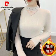 皮爾卡丹（pierre cardin）加絨加厚毛衣女不起球仿水貂絨修身打底上衣花邊帶鉆套頭秋冬針織 卡其色加厚 加絨 XXL建議130-140斤