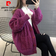 皮爾卡丹加厚毛衣外套柔軟開(kāi)衫2025春秋冬新款慵懶風(fēng)寬松外穿針織衫女 大朗桐鄉毛衣紫紅 S