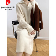皮爾卡丹（pierre cardin）拉鏈翻領(lǐng)針織連衣裙女秋冬復古長(cháng)款高領(lǐng)毛衣裙直筒加厚長(cháng)袖打底裙 米白色 S 建議70-95斤