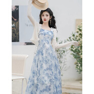妍莉芬（yanlifen）茶歇法式碎花吊帶裙子女夏季2025新款仙氣森系甜美連衣裙兩件套 591藍色裙子+米白開衫 L