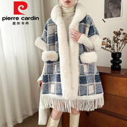 皮爾卡丹（pierre cardin）旗袍披肩斗篷女秋冬季保暖紅色格子外搭加絨加厚毛呢披風(fēng)穿搭大衣 藍白格---【連帽披肩】 加絨