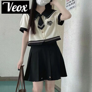 VEOX校園風日式制服學院風拼接海軍領短袖女水手服半身短裙女學生兩件 淺杏色短袖+黑色裙 M _[建議90-105斤]