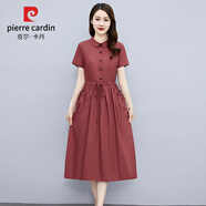 皮爾卡丹（pierre cardin）夏季短袖連衣裙女裝2024新款韓版高腰寬松時尚中長款氣質(zhì)襯衫裙子 紅色 XL （115-125斤）