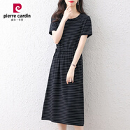 皮爾卡丹（pierre cardin）t恤裙女長(zhǎng)款短袖過(guò)膝顯瘦休閑簡(jiǎn)約氣質(zhì)條紋連衣裙夏 221側(cè)抽繩款黑色 S 建議90-100斤