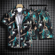 NJSKAKW冰絲短袖花襯衫寬松男夏季三亞沙灘服套裝情侶短褲搭配上衣兩件套 【C54黑色】【襯衣+短褲】 L 110-120斤