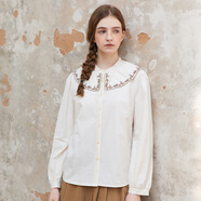 Famecoco范可兒襯衫花邊娃娃領(lǐng)刺繡純棉正肩女裝襯衣FAC1BH028 杏色 L