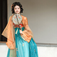 重回漢唐洛水云裳原創(chuàng)齊胸襦裙套裝披帛唐制漢服女裝春夏 橘藍(lán)套裝（破裙版-綠里）/現(xiàn)貨 S